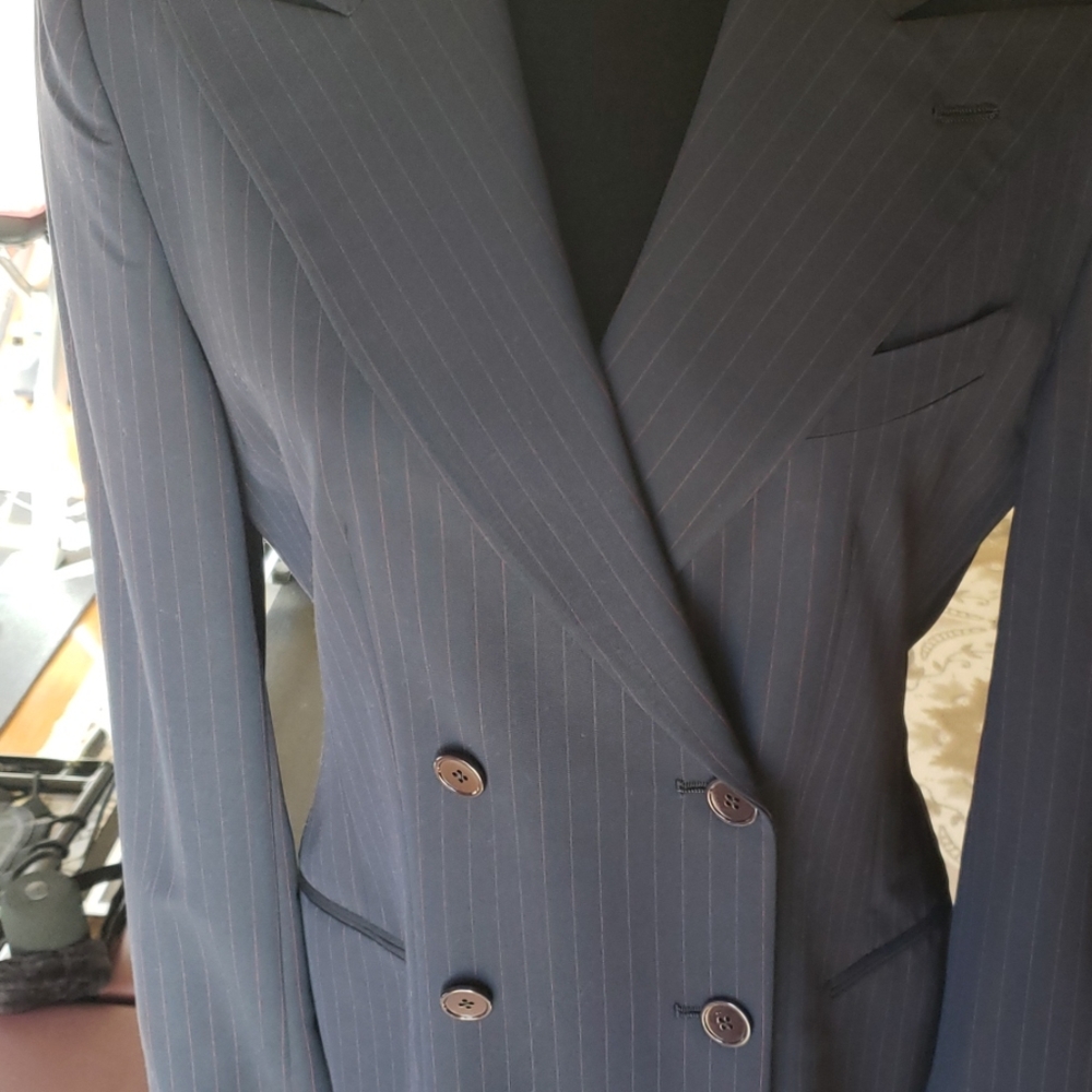 Rare! VINTAGE 90's Ralph Lauren Dbl Brst Red Pinstriped Skirt Suit, Navy, 10 - Picture 7 of 11